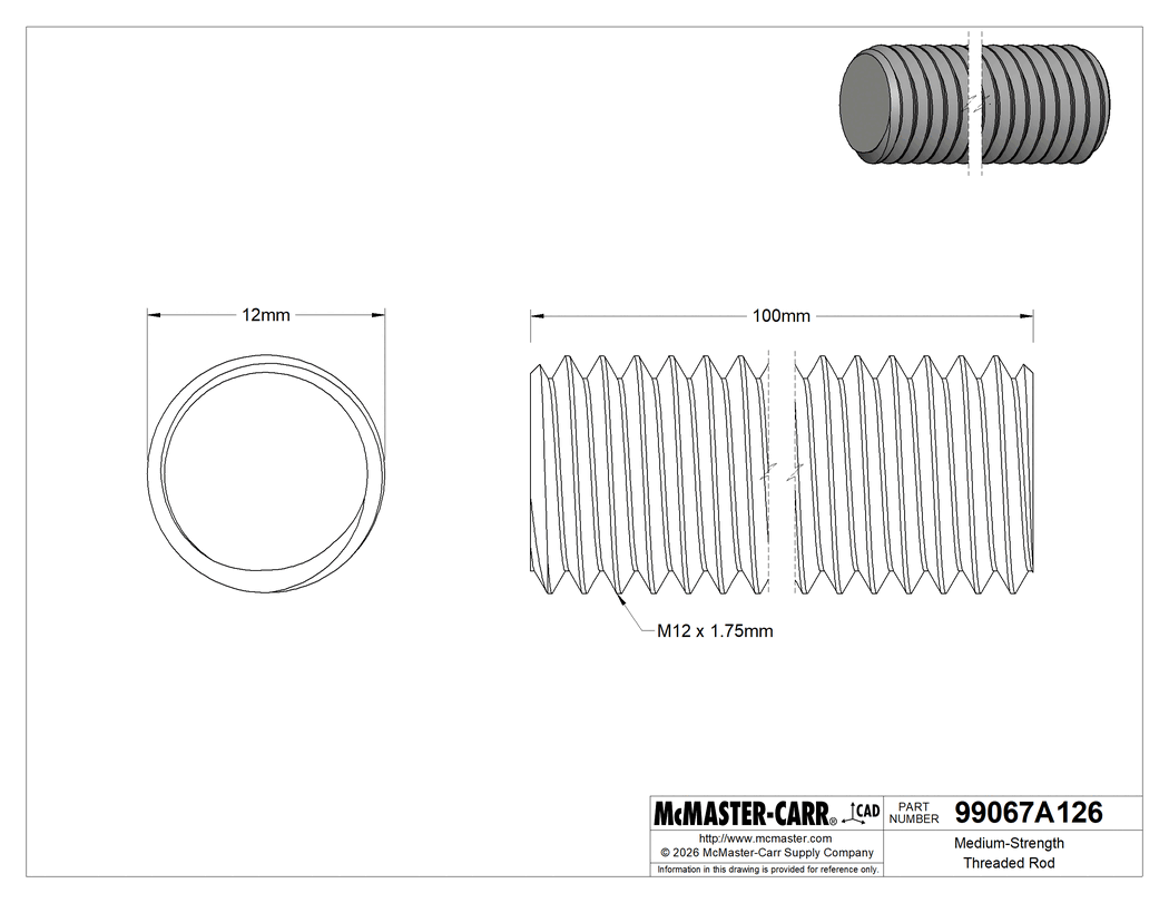 Technical Drawing of Medium-Strength Threaded Rod, Class 8.8 Zinc-Plated Steel, M12 x 1.75mm Thread, 100 mm Long.